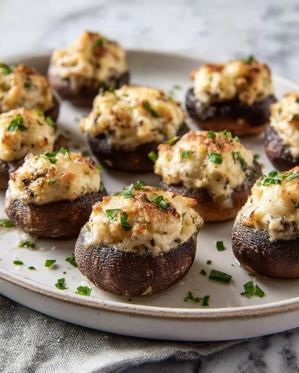 A white plate with nine stuffed mushrooms arranged in a loose circle. Each mushroom has a dark brown cap as the base layer, topped with a light yellow, creamy filling that is slightly browned and textured with small chunks. The filling is domed and uneven, with some melted and slightly golden spots. Fresh green parsley pieces are sprinkled on top of the filling and scattered around the mushrooms on the plate. The plate sits on a white marbled surface. photo taken with an iphone --ar 4:5 --v 7