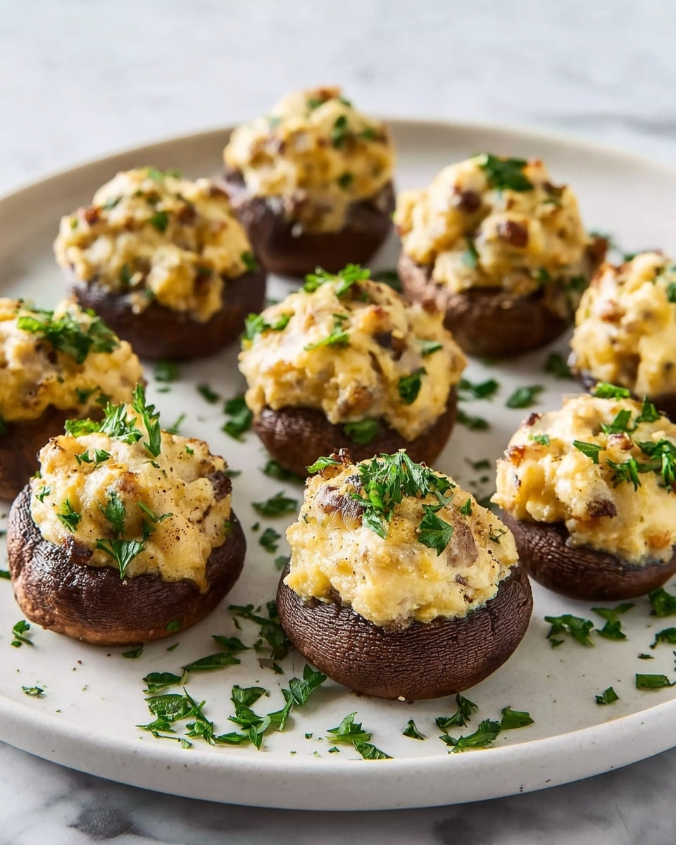 The image shows a round white plate with a slight brown rim filled with nine stuffed mushrooms arranged closely together. Each mushroom is dark brown and has a textured, slightly wrinkled cap. The filling is creamy and pale beige, piled high with a rough, uneven surface that looks soft and slightly browned on top. Small pieces of green herbs are sprinkled over each mushroom and on the plate around them, adding a touch of fresh color. The plate sits on a white marbled surface, enhancing the clean and simple presentation. photo taken with an iphone --ar 4:5 --v 7