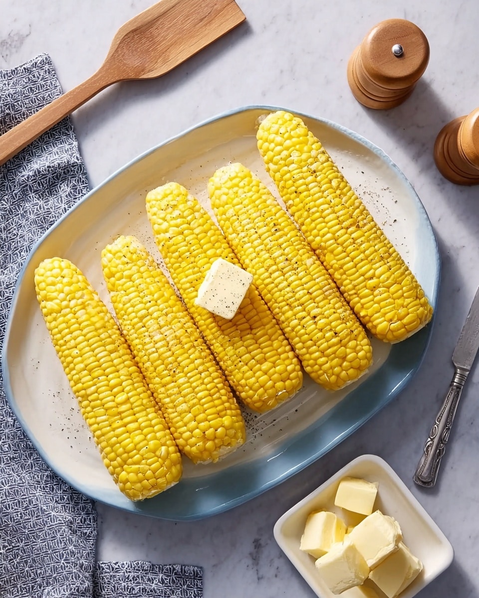 The image shows six yellow corn cobs arranged neatly on a large white oval plate. One corn cob near the center has a small square piece of butter on top, melting slightly, with black pepper sprinkled over it and the corn. The plate is placed on a white marbled surface. On the left side, a wooden spatula rests partially on a grey and white patterned cloth. To the right, there are two wooden salt and pepper shakers, and next to them, a small white square dish holds more slices of butter with a silver butter knife lying beside it. photo taken with an iphone --ar 4:5 --v 7