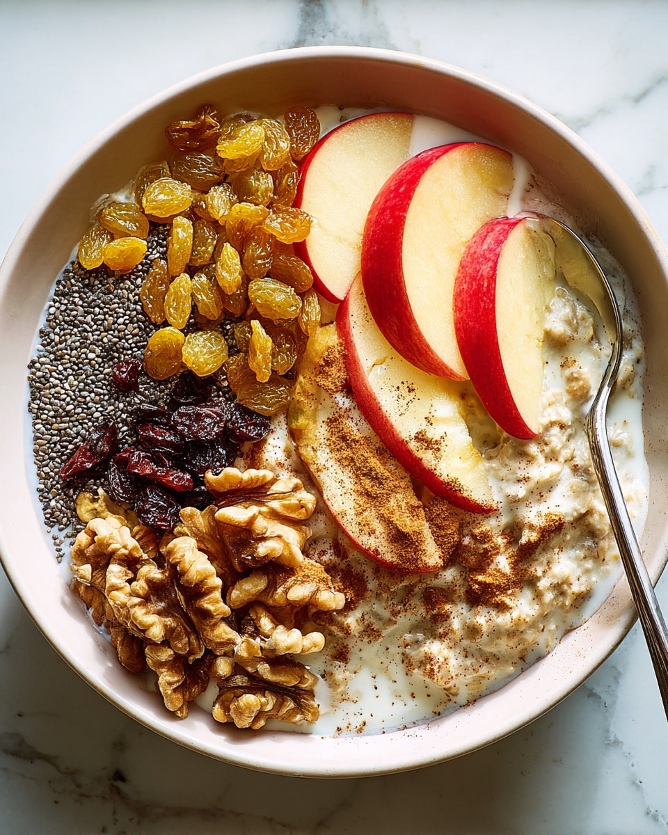 A white bowl filled with a creamy oatmeal base, covered with four main toppings in separate sections: golden raisins on the left, dark chia seeds in the middle, light brown walnut pieces below the raisins, and six thin slices of red apple arranged fan-like on the right. The apple slices are sprinkled with a fine dusting of cinnamon and drizzled lightly with honey. A spoon is partially submerged in the oatmeal on the bottom right side. The bowl is placed on a white marbled surface. Photo taken with an iphone --ar 4:5 --v 7