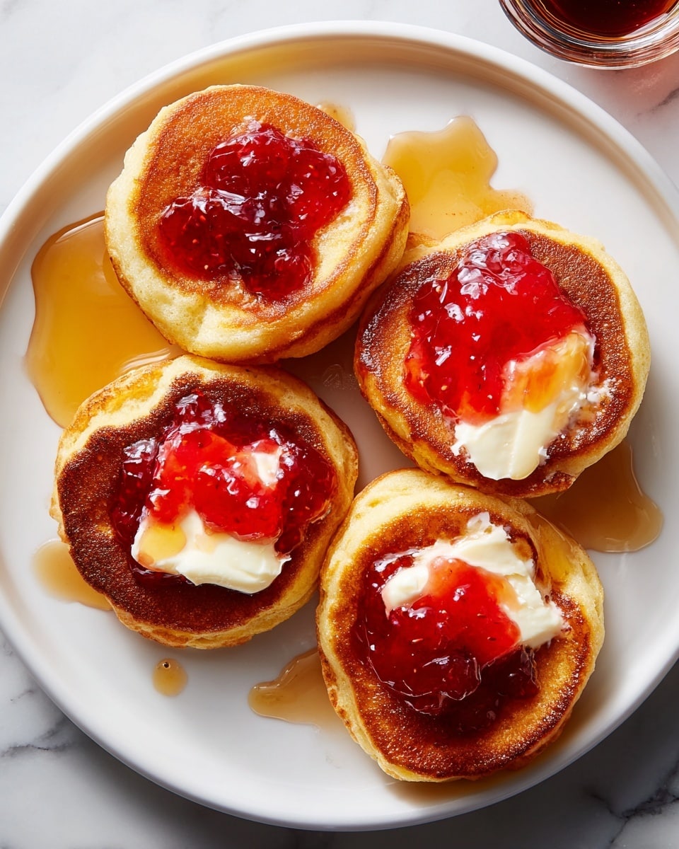 The image shows a collection of golden brown Yorkshire puddings arranged on a white marbled surface. Each pudding has a light, airy texture with a slightly crispy exterior and a soft hollow center. Inside each hollow center, there is a dollop of bright red berry jam, some topped with a small square of creamy white butter partially melted into the pudding. One Yorkshire pudding is broken, showing the fluffy inside with jam on top and crumbs around it. Near the puddings, there is a small clear glass bowl filled with the same red berry jam and a spoon inside. A small glass container with dark golden syrup is also placed on the surface. The overall scene is bright and inviting with a clean, fresh look. photo taken with an iphone --ar 4:5 --v 7