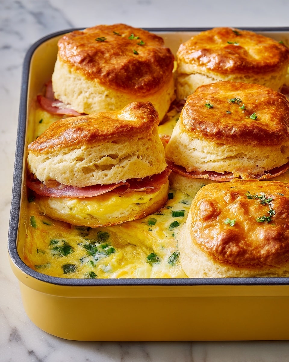 The image shows a rectangular baking dish filled with a creamy yellow custard base that is smooth and slightly puffed around the edges. There are six golden brown puff pastry rounds evenly spaced on top, each with a shiny, flaky surface that looks crisp and layered. The custard has small green herb bits mixed throughout, adding a speckled texture and color contrast. The dish rests on a white marbled surface, and the overall look is warm and inviting, with the balance between the soft custard and crispy pastry clearly visible. Photo taken with an iphone --ar 4:5 --v 7