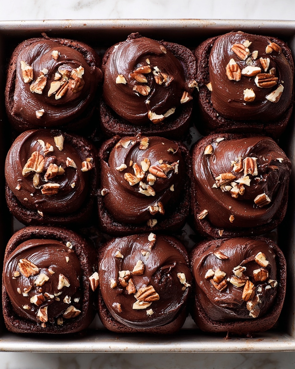 The image shows close-up of seven chocolate rolls with two visible layers: a dark brown cake base and a shiny, thick layer of dark chocolate frosting spread on top. The frosting is smooth and slightly swirled. There are small pieces of chopped pecans scattered on the frosting of each roll. One roll on the top right is being held by a woman's hand, her fingers gently lifting it. The rolls are placed tightly together inside a white box with a matte texture on a white marbled surface. The photo taken with an iphone --ar 4:5 --v 7
