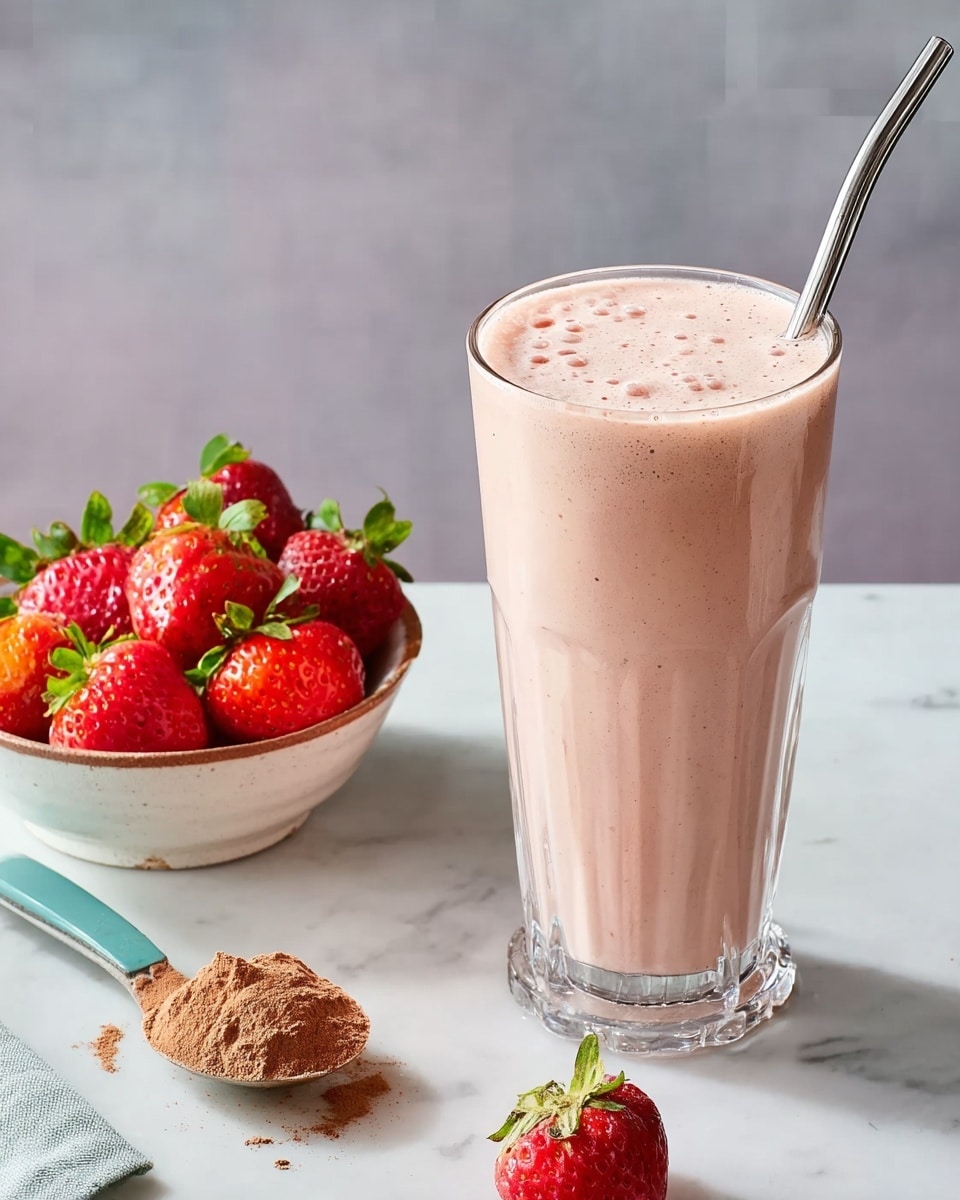 The image shows a tall clear glass filled with a light pink smoothie that has a frothy top layer with small air bubbles, and a silver metal straw placed inside the glass on the right side. To the left of the glass, there is a white bowl filled with bright red strawberries with green leaves. Below the bowl, on the white marbled surface, there is a spoon with a teal handle holding a heap of brown powder. The whole scene is set on a white marbled table with a grey blurred background. photo taken with an iphone --ar 4:5 --v 7