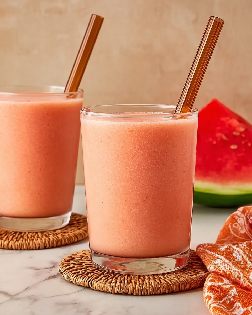 Two clear glass cups filled with a smooth, light pink drink, each with a brown straw inside. The drinks rest on small round woven coasters on a white marbled surface. In the background, there is a bright red slice of watermelon with a green rind and a soft peach-colored cloth with a geometric pattern near the bottom right. The background wall has a light beige texture. photo taken with an iphone --ar 4:5 --v 7