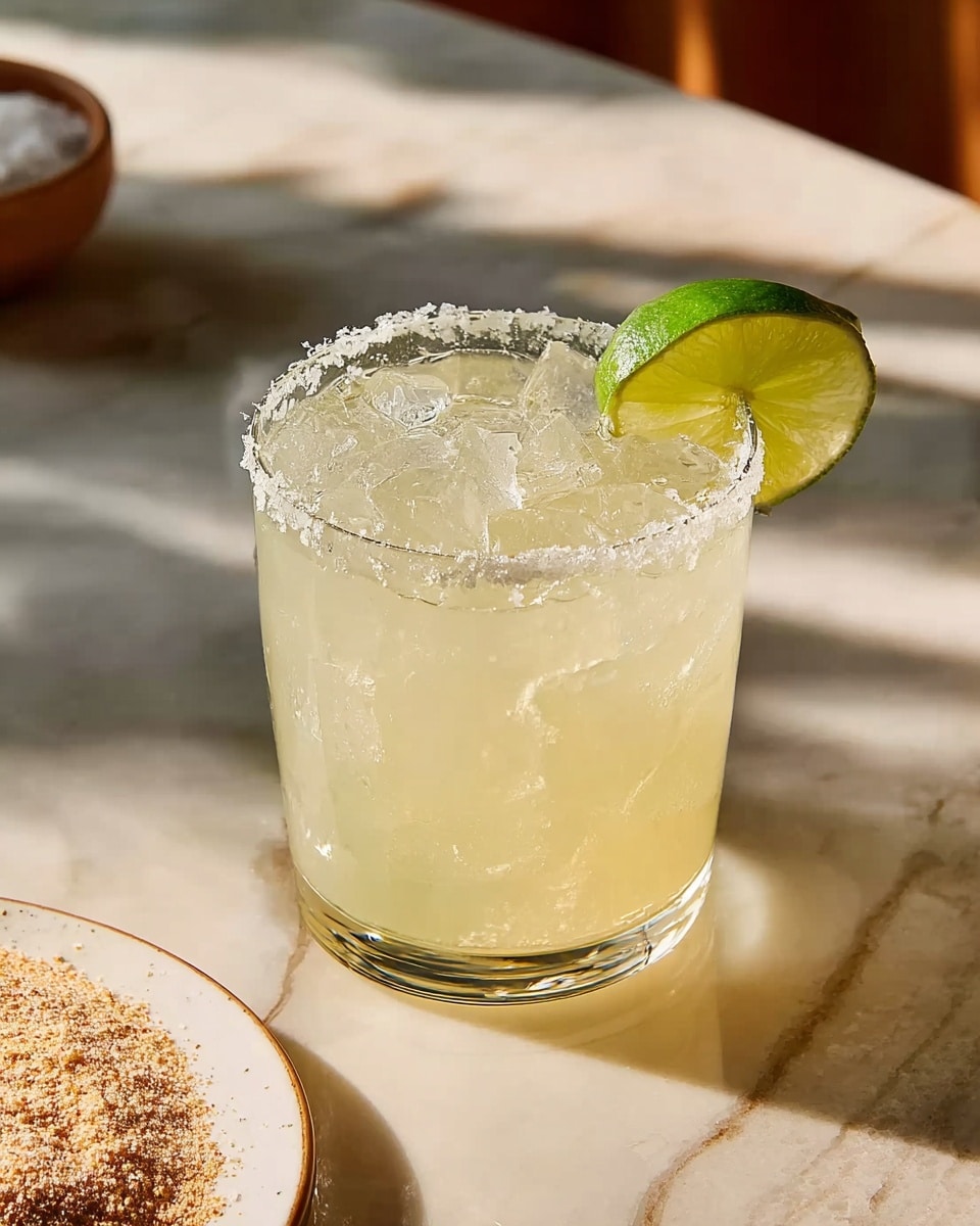 The image shows a clear glass filled with a pale yellow drink and ice cubes. The glass has a rim sprinkled with coarse salt, and a fresh green lime wedge is placed on the rim, partly inside the drink. The glass sits on a white marbled surface, and there is a white bowl with some white powder in the background to the left. The lighting creates a soft shadow on the surface, adding a warm tone to the scene. Photo taken with an iphone --ar 4:5 --v 7