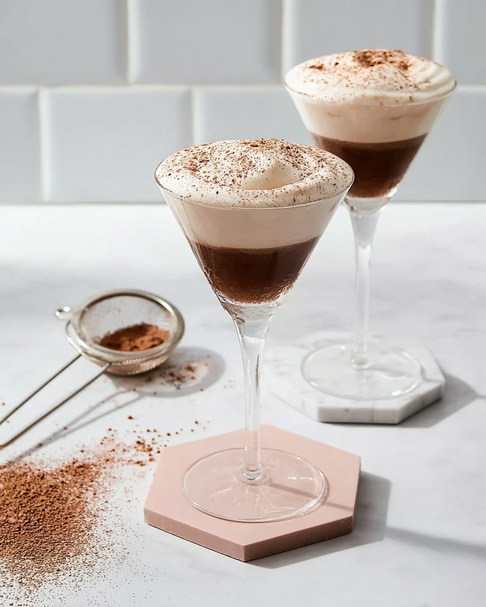 Two tall clear cocktail glasses on a white marbled surface each hold a layered drink with a dark brown bottom layer topped by a thick white creamy foam layer sprinkled lightly with brown powder. One glass is placed on a light pink hexagonal coaster, while the other is directly on the surface. To the left, there is a small white sieve resting on the surface with some brown powder inside and a bit spilled around it. The background consists of white tiles. The photo is taken with an iphone --ar 4:5 --v 7