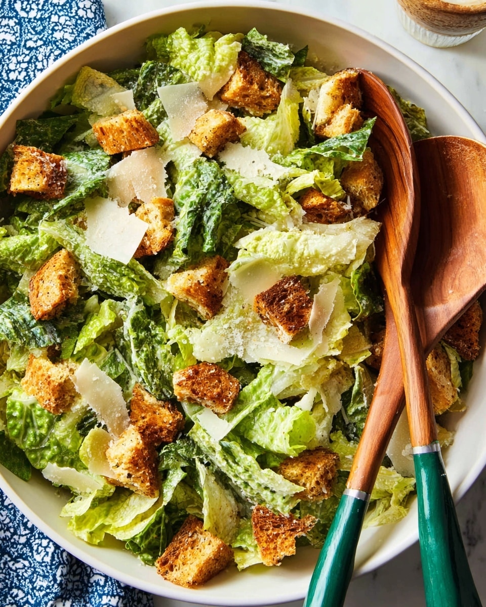 A white bowl filled with a fresh Caesar salad showing three main layers: the base layer is bright green chopped romaine lettuce with a crisp texture; the middle layer has golden brown toasted croutons scattered evenly, adding rough texture; the top layer has thin, pale white cheese shavings spread over the salad. Two wooden salad spoons rest on the right side of the bowl, with one handle painted green near the bottom. The bowl sits on a white marbled surface, with a blue cloth featuring tiny white patterns partially visible in the background. Photo taken with an iphone --ar 4:5 --v 7