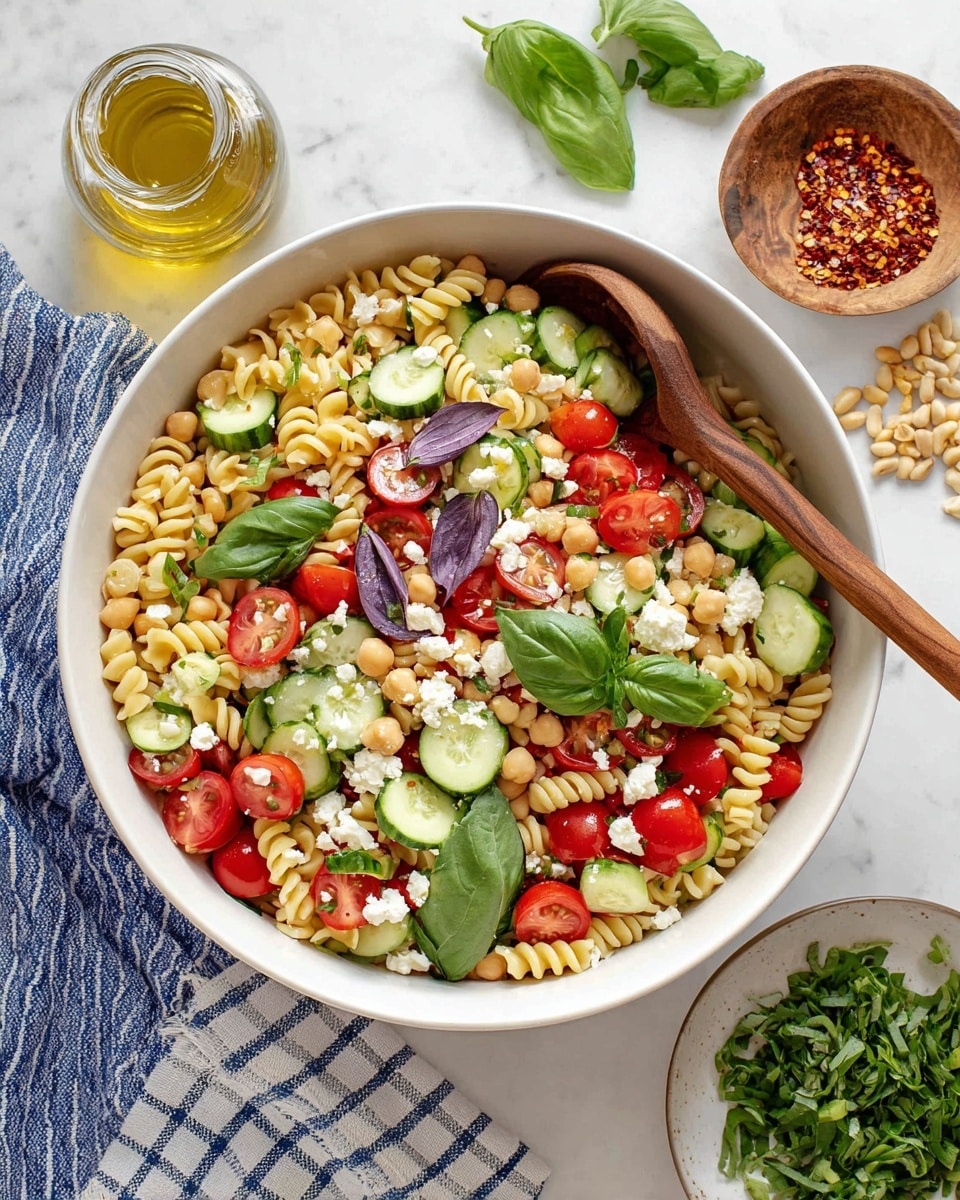 A white bowl holds a fresh pasta salad with five clear sections: bright red halved cherry tomatoes on the left, next to light beige chickpeas, green arugula leaves filling the top half, chopped light green cucumbers with darker green skin at the bottom, and curly yellow pasta mixed with white crumbled cheese and red pepper flakes on the right. Two wooden spoons are in the bowl, one being held by a woman's hand near the chickpeas, and the other stirring the pasta. The bowl is set on a white marbled surface, with some green herbs scattered nearby. Photo taken with an iphone --ar 4:5 --v 7
