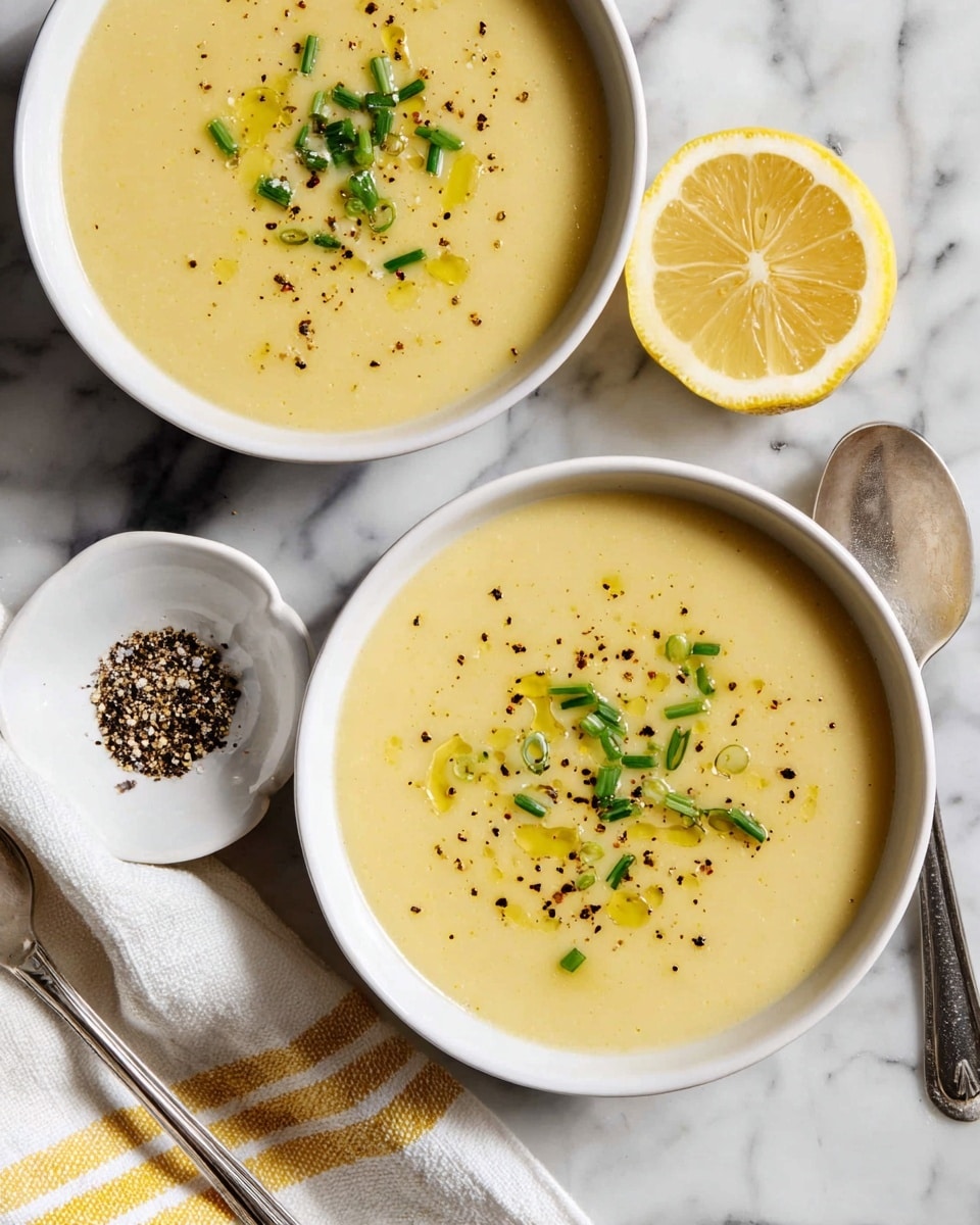 The image shows two white bowls filled with a smooth, creamy yellow soup. Each bowl has a few small green chive pieces sprinkled on top along with a few drops of golden olive oil and tiny black pepper specks. Next to the bowls, there is a halved lemon and a small white dish holding a mixture of black pepper and salt. A silver spoon rests on a white and yellow striped cloth near the bowls. The scene is set on a white marbled surface. photo taken with an iphone --ar 4:5 --v 7