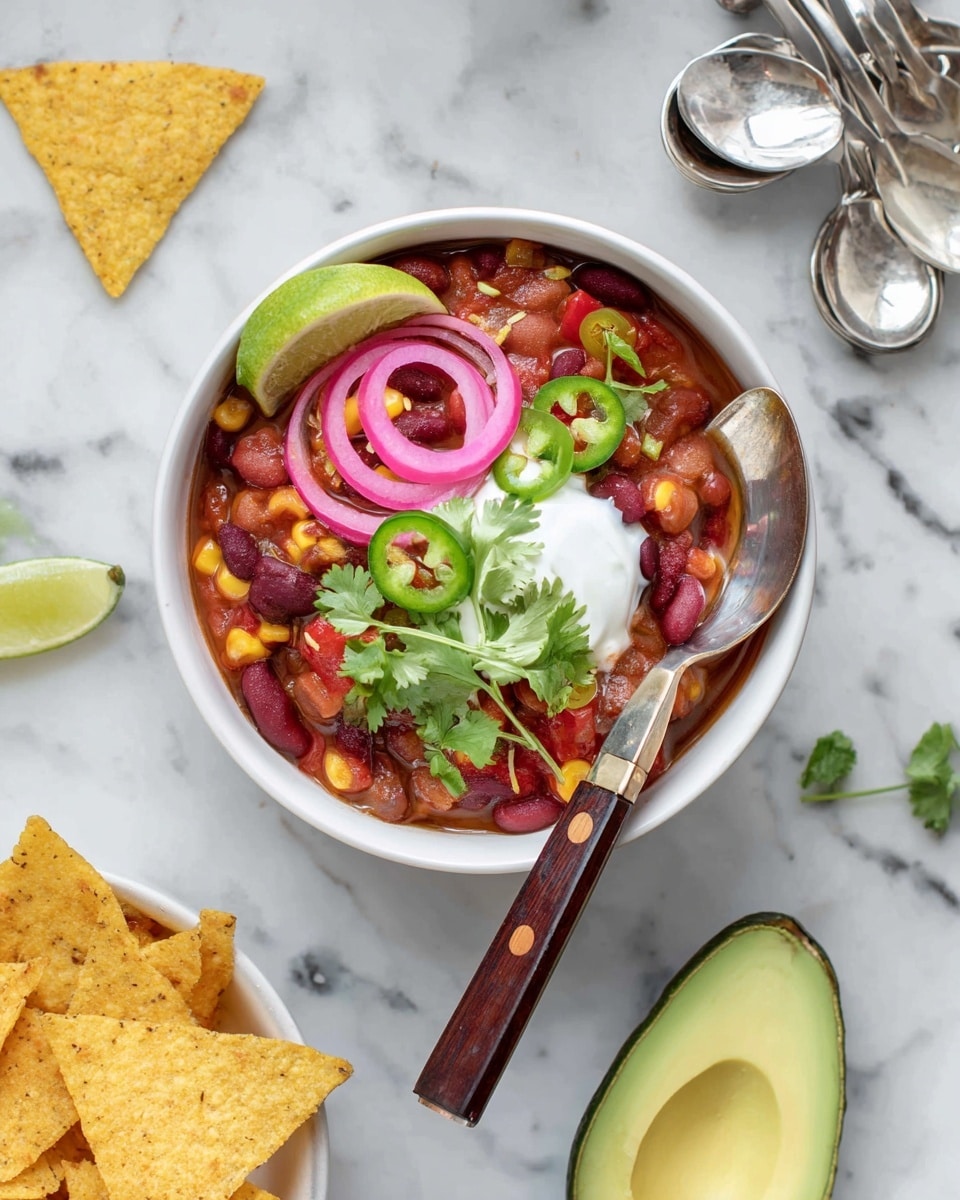 The image shows a white bowl filled with a colorful bean chili mix made of red kidney beans, brown beans, red bell peppers, and corn in a light red sauce. On top, there is a smooth white dollop of sour cream, a curled slice of bright pink pickled onion, two small green jalapeño slices, a thin lime slice, and a sprig of fresh green cilantro, creating a fresh and vibrant finish. The bowl sits on a white marbled surface with a spoon inside the bowl that has a brown and copper handle. Around the bowl, there are large triangular yellow corn tortilla chips and half of a fresh green avocado with its seed. Two silver spoons lie next to the bowl. Photo taken with an iphone --ar 4:5 --v 7