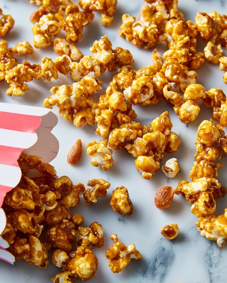 The image shows many clumps of caramel popcorn mixed with nuts scattered across a surface with a white marbled texture. Each clump varies in size and texture, with the popcorn pieces being golden-yellow and shiny with caramel coating and the nuts having a slightly darker amber color. In the bottom left corner, a white paper bag with red vertical stripes is open, spilling more caramel popcorn clusters onto the surface. The overall look is crunchy and sticky with a rich amber and golden-yellow color palette photo taken with an iphone --ar 4:5 --v 7