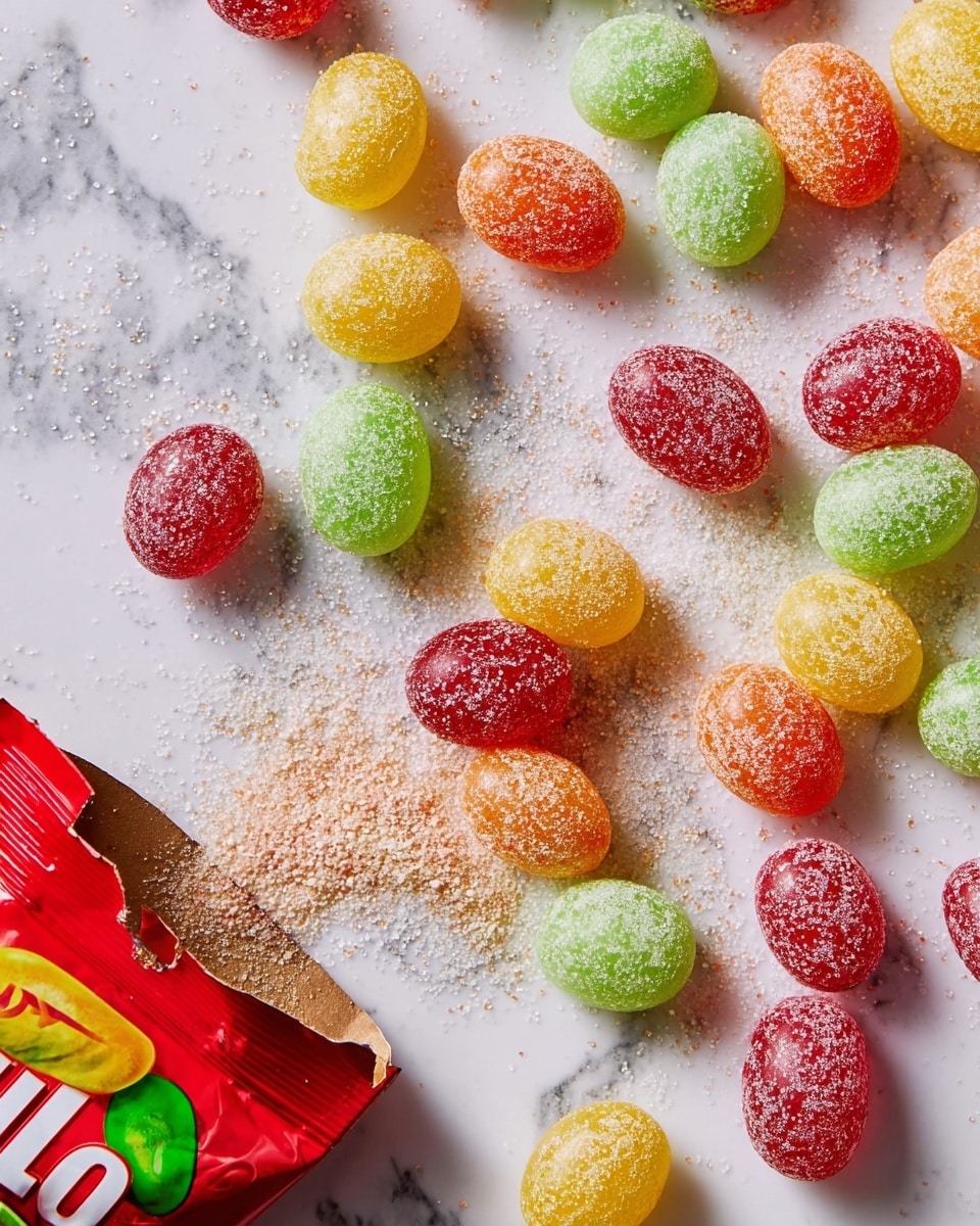 A clear glass bowl filled with many round candies that look like jelly beans. The candies have different bright colors including green, red, orange, and yellow, and they are covered in a sugar coating that gives them a grainy texture. The candies are piled high inside the bowl, almost overflowing, with some candies scattered on the white marbled surface around the bowl. At the top right, a woman's hand with shiny white nail polish is picking up a green candy. The background is a simple light color, making the candy colors stand out. Photo taken with an iphone --ar 4:5 --v 7