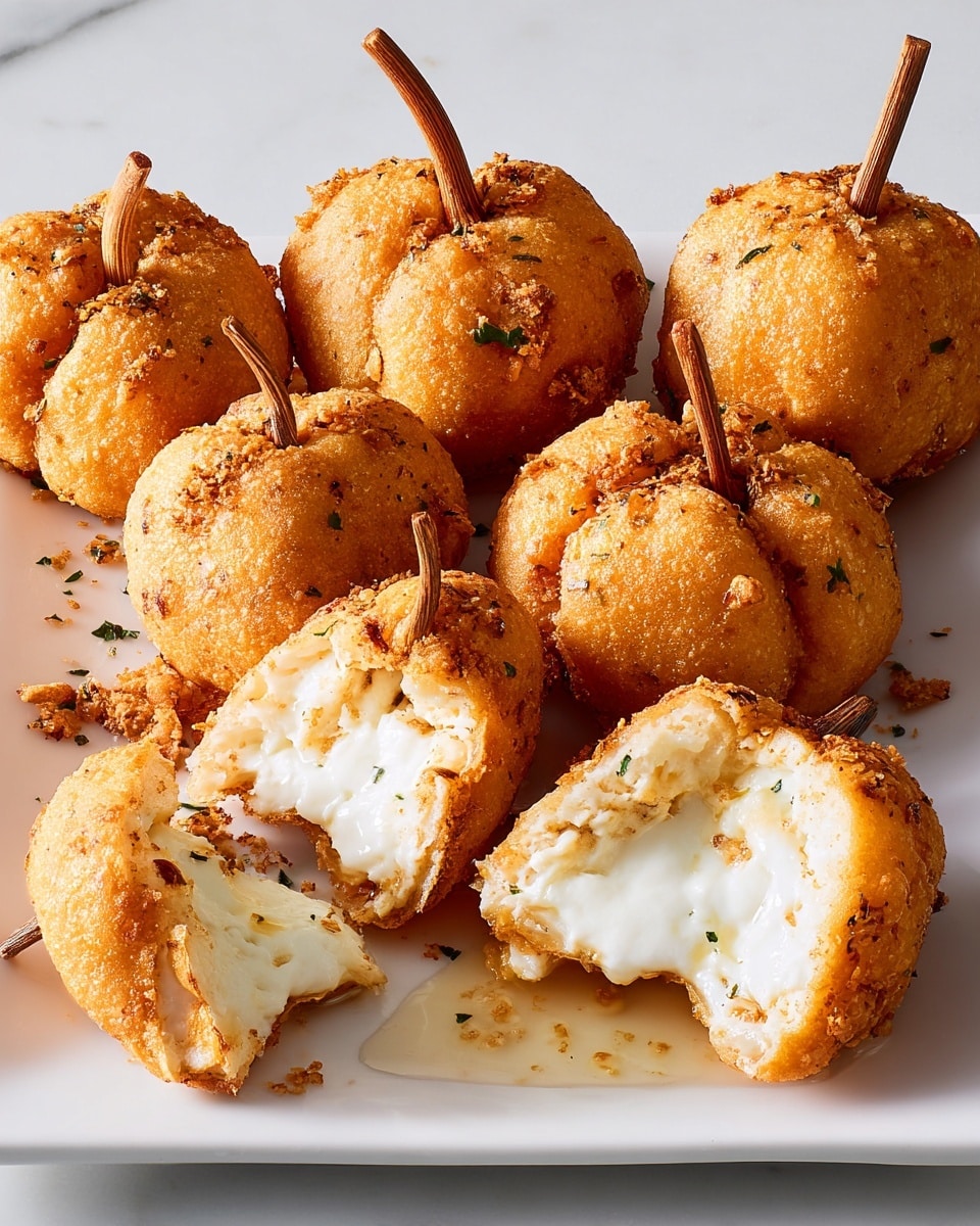 The image shows eight small pumpkin-shaped fried snacks on a white square plate, placed on a white marbled surface. Each snack has a golden-brown crispy outer layer with visible bits of herbs and spices, creating a textured look. Inside, there is a white creamy filling that stretches out from a cracked-open piece at the front. Three of the snacks have a small brown stick inserted at the top center, resembling a pumpkin stem. The snacks are arranged close together, with some light reflections on the plate's surface. photo taken with an iphone --ar 4:5 --v 7