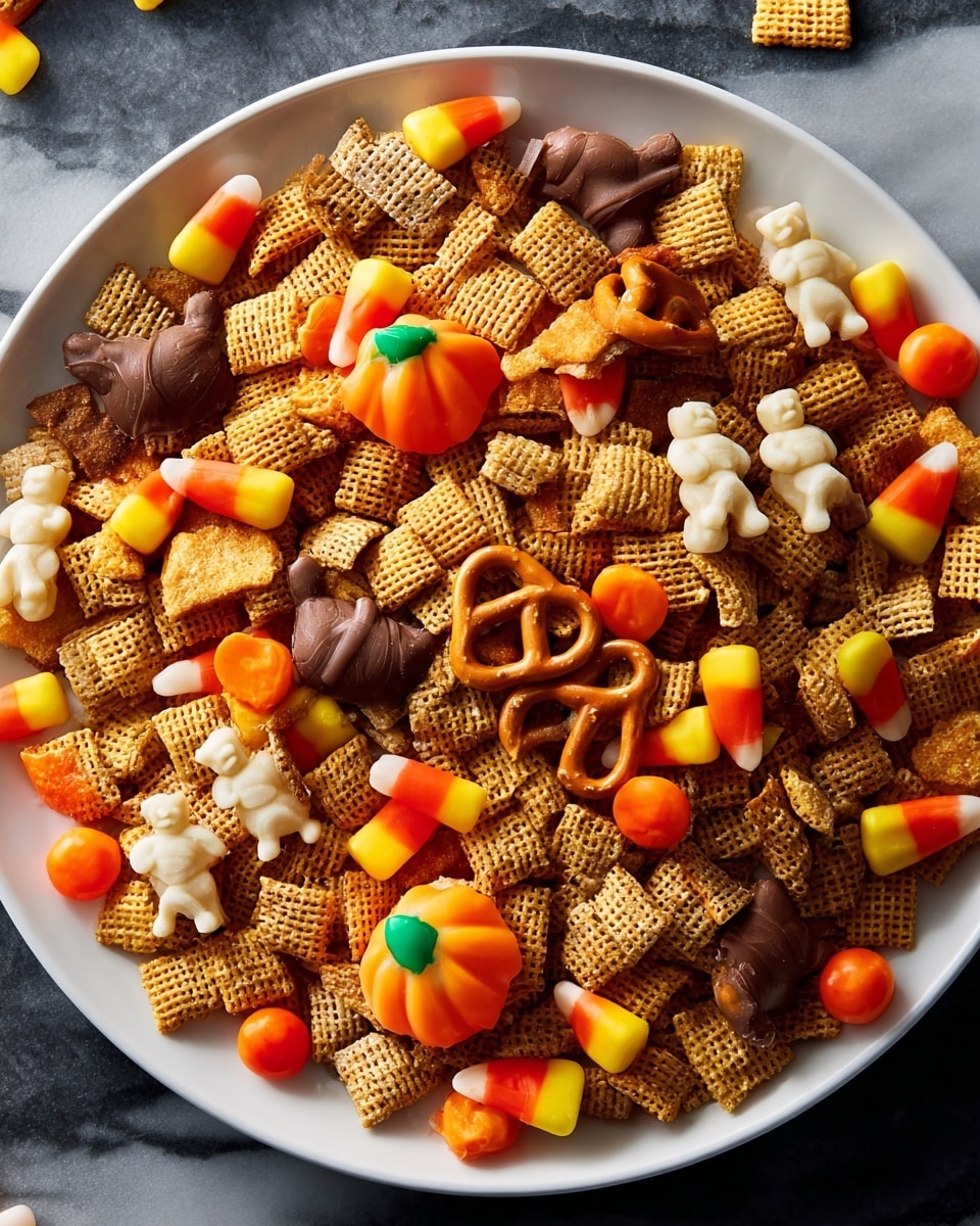 A large white bowl with black paint splashes holds a heaping mix of snack pieces. The mix has light brown teddy bear-shaped crackers, orange thin chip crisps, small yellow and orange candy corn pieces, chocolate-covered pretzels, and little pumpkin-shaped orange and green candies. Some snack pieces overflow onto a dark blue surface below, with a few candy corn and chip crisps nearby. A woman's hand is gently pinching one of the pumpkin candies above the bowl. The background is a textured dark gray wall. Photo taken with an iphone --ar 4:5 --v 7