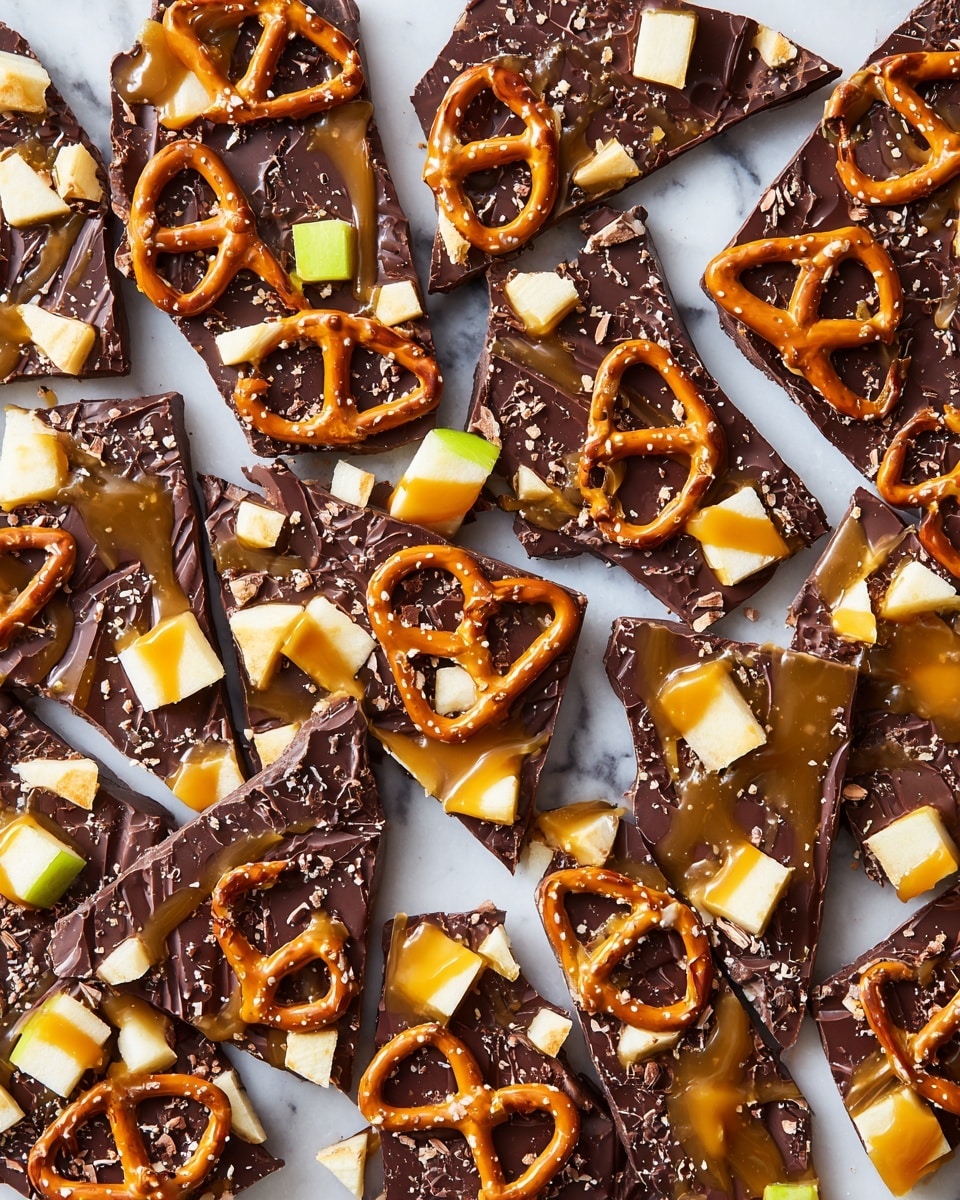 The image shows one large flat layer of smooth, dark brown chocolate spread evenly as the base, topped with a generous drizzle of light brown caramel sauce that flows freely and creates thin, shiny lines across the surface. Scattered on top are multiple small yellowish-white apple cubes with a fresh, matte texture, and several whole golden-brown pretzels, some of which have a light sprinkling of coarse salt. The mix of glossy caramel, matte apple pieces, and crunchy pretzels creates a rich, textured treat resting on a white marbled surface photo taken with an iphone --ar 4:5 --v 7