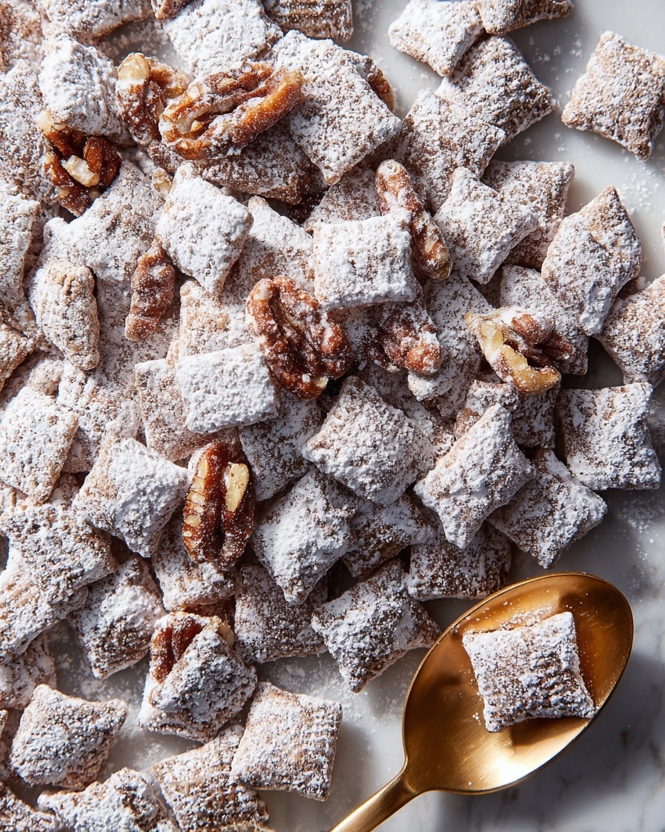 A close-up view of many small, crispy cereal squares covered in a thick layer of white powdered sugar, scattered across a white marbled surface. Among the cereal pieces, some nuts and textures peek through the sugar coating, showing a mix of light and dark brown tones under the dusting. On the right side, a golden spoon holds a small pile of the same cereal squares, reflecting light softly. The mix looks crunchy with an even coating of powder. photo taken with an iphone --ar 4:5 --v 7
