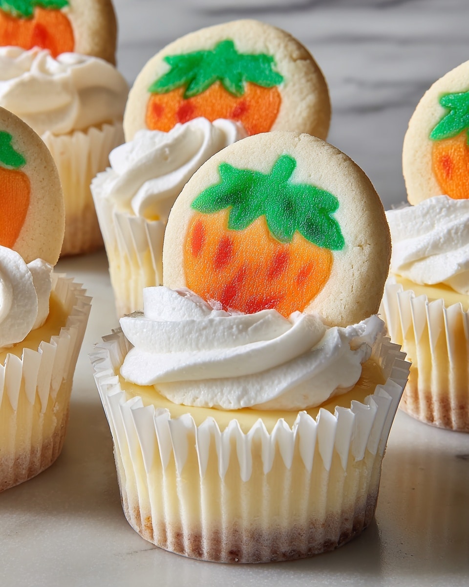 The image shows a white rectangular tray with six white cupcake liners, each holding a mini dessert made of two layers. The bottom layer is a swirl of smooth white cream with a soft and fluffy texture. The top layer is a small round cookie decorated with an orange carrot shape and green leaves, placed partly inside the cream. The tray is set on a white marbled surface. photo taken with an iphone --ar 4:5 --v 7