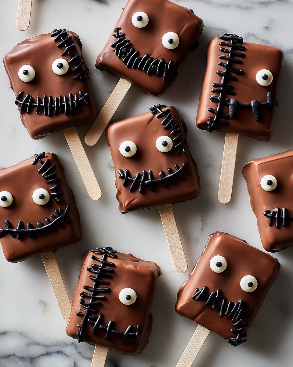 A square-shaped ice cream bar coated in smooth, shiny brown chocolate with black icing details resembling stitches across the surface, a white round eye with a black center outlined in black icing on the right side, and a black icing frown at the bottom right corner. The top left corner of the bar has a small bite taken out, exposing creamy white ice cream inside. The ice cream bar is held by a wooden stick, set against a white marbled background. Photo taken with an iphone --ar 4:5 --v 7
