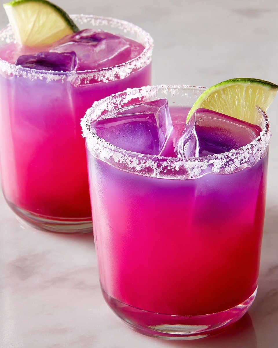 Two clear glasses sit side by side on a white marbled surface. The glass in front is filled with large purple ice cubes, with a white salted rim and a green lime wedge on its edge, while a clear liquid is being poured into it, creating a splash on the ice. Behind, the second glass shows a layered drink with a pink base fading into a purple top, also rimmed with white salt and garnished with a lime wedge. The scene is bright and clean, with the drinks catching the light to show their vibrant colors and textures. Photo taken with an iphone --ar 4:5 --v 7