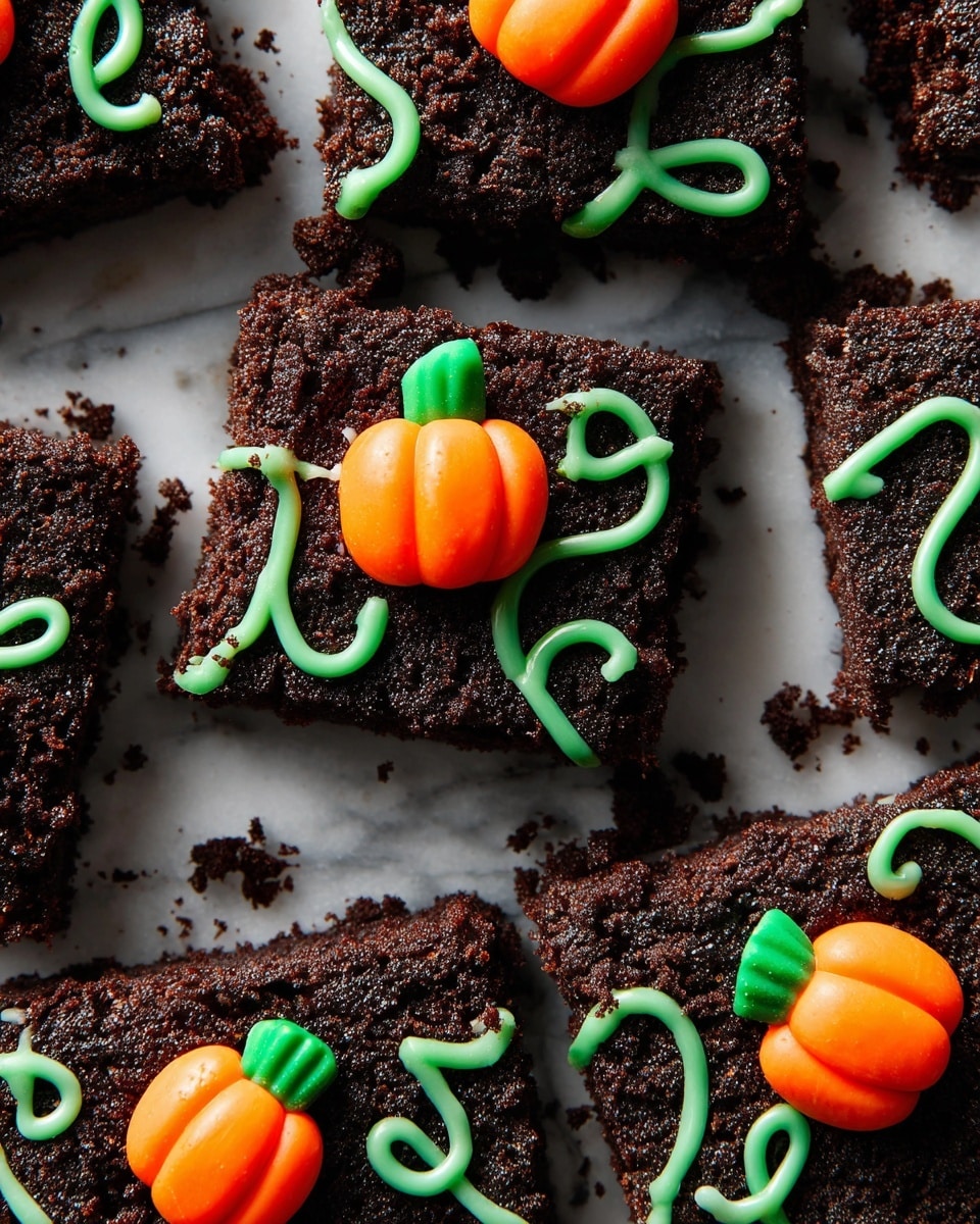 Several square pieces of dark chocolate brownies are arranged on a white marbled surface. Each brownie has a rough crumbly top layer, covered with crushed chocolate cookie crumbs. Small, bright orange pumpkin-shaped candy decorations sit on top of each piece. Light green icing is piped in thin, curvy vine-like lines and dots across the brownies, adding a Halloween or autumn theme. The brownies show crumbs scattered around them, with some pieces touching each other. photo taken with an iphone --ar 4:5 --v 7
