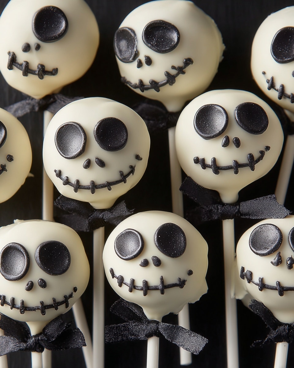 A group of round white chocolate cake pops with white smooth coating cover the top layer, each decorated with black icing forming various spooky faces inspired by Jack Skellington. The faces include large oval eyes or eye sockets, tiny nostrils, and stitched mouths with short lines across them, all made with shiny black icing. Each cake pop is mounted on a white stick and tied near the base of the cake portion with a small black ribbon bow. The cake pops are arranged closely together on a black surface, showing their detailed and playful expressions. Photo taken with an iphone --ar 4:5 --v 7