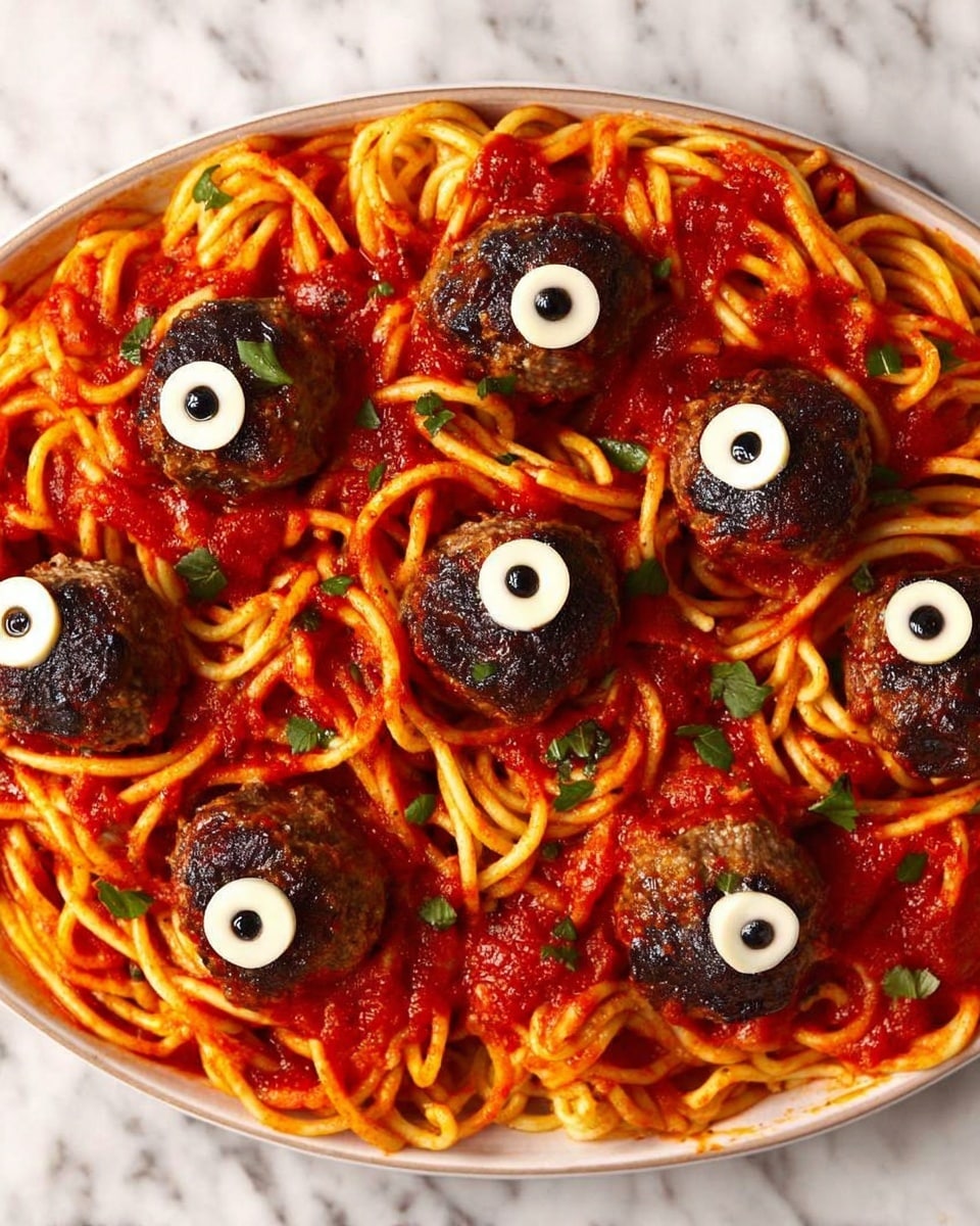 A white plate holds a bed of cooked spaghetti noodles at the bottom, pale yellow in color with a smooth texture. On top of the noodles is a bright red chunky tomato sauce spread evenly, with small green herb pieces sprinkled over. Arranged on the sauce are several round brown meatballs, each topped with a white circular slice and a black olive piece, resembling an eyeball. A silver pasta serving fork lifts a portion of noodles with a meatball on top, showing the layers clearly. The background surface is a white marbled texture. Photo taken with an iphone --ar 4:5 --v 7