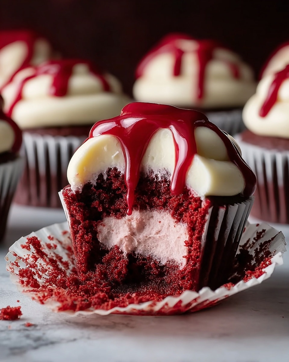 A close-up view of a red velvet cupcake with three main layers: the bottom layer is a dark red, moist cake base; the middle layer is a smooth, light pink creamy filling inside the cupcake; the top layer is thick, white cream frosting decorated with bright red syrup dripping down the sides. The cupcake liner is white, slightly peeled back, and there are more cupcakes with the same frosting and syrup blurred in the dark background. The photo is taken on a surface with a dark texture but should be imagined on a white marbled texture. Photo taken with an iphone --ar 4:5 --v 7