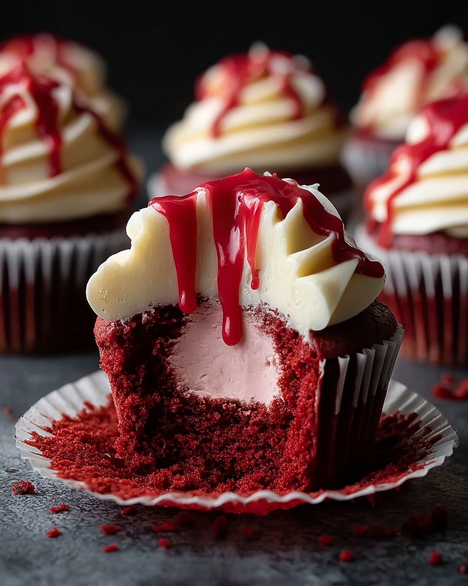 A rich, red cupcake is shown with a white paper liner peeled back, revealing its deep red crumb texture. In the center of the cupcake, there is a smooth pink filling. On top, thick white frosting swirls upwards with red sauce dripping down over it. The cupcake sits on a dark textured surface with more cupcakes in the background, each with the same red base, white frosting, and dripping red sauce. photo taken with an iphone --ar 4:5 --v 7
