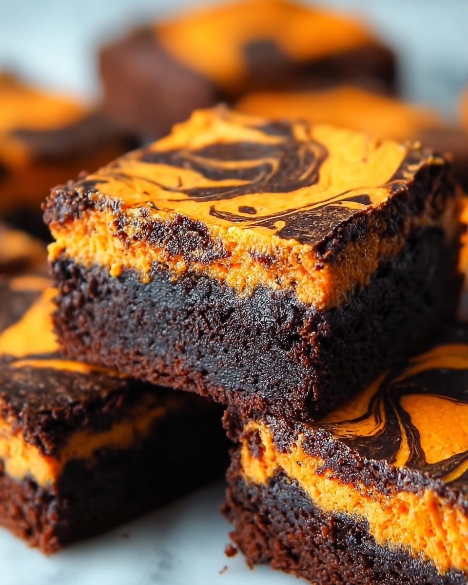 The image shows a close-up of a single square brownie with two visible layers. The bottom layer is thick, dense, and dark brown with a textured, slightly crumbly surface. The top layer is a thinner, bright orange swirl with a smooth, glossy texture that blends into the dark base in a marbled pattern. The edges of the brownie are slightly rough with a crackled top, and more brownies are blurred in the background on a white marbled surface. photo taken with an iphone --ar 4:5 --v 7