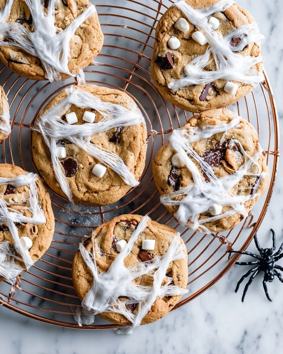 The image shows seven round chocolate chip cookies on a round copper-colored wire cooling rack. Each cookie is covered with thin white marshmallow-like spider web strands randomly stretched across the surface. The cookies have a light golden-brown color with visible dark chocolate chunks embedded in them. The wire rack sits on a white marbled textured surface, and a small black plastic spider is placed near the cookies for decoration. photo taken with an iphone --ar 4:5 --v 7