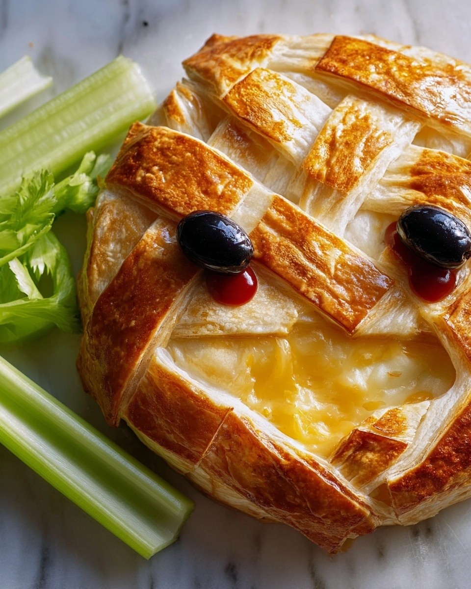 A small round baked cheese wheel is topped with a golden brown lattice crust made of thin pastry strips arranged in a crisscross pattern, allowing the white cheese underneath to show through. On top of the crust, there are two black olive slices with small drops of red sauce on them, placed side by side near the center. Next to the cheese, there is a wedge of the same cheese with a smooth, melted, pale yellow inside spreading slightly onto the white marbled surface. To the left, two fresh green celery sticks are visible. Photo taken with an iphone --ar 4:5 --v 7