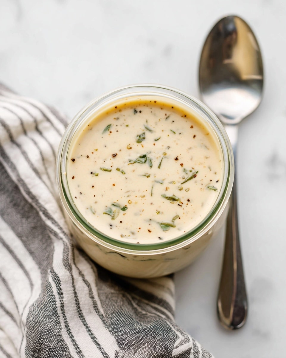 A glass jar filled with a light beige creamy sauce showing small bits of green herbs and black pepper flakes scattered evenly throughout. The jar is placed on a white marbled surface next to a shiny silver spoon with a round head, and a folded cloth with gray and white stripes lies partly under the jar. The sauce has a smooth, slightly thick texture with visible tiny herb pieces floating in it. Photo taken with an iphone --ar 4:5 --v 7