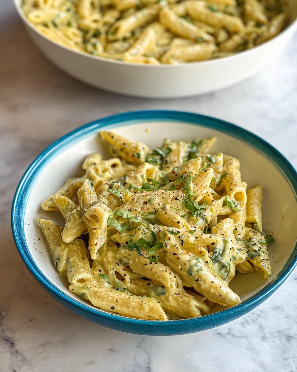 A white bowl with a turquoise rim is filled with creamy penne pasta, coated in a light yellow sauce with green herbs mixed in. The penne pieces are layered evenly, some tilted to show the sauce inside, and the dish is sprinkled with freshly ground black pepper and small green herb bits on top. Behind the bowl, a larger white bowl contains more of the same pasta in the same creamy sauce. Both bowls rest on a white marbled surface. Photo taken with an iphone --ar 4:5 --v 7