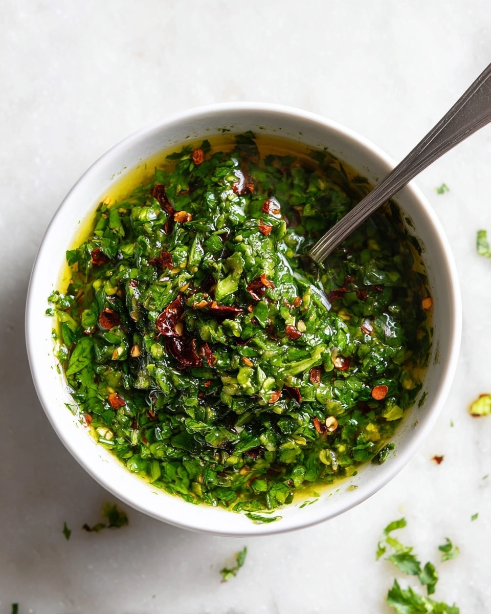 A white plate on a white marbled surface holds several slices of medium-rare steak arranged in a circle around a small white bowl filled with green herb sauce. The steak pieces have a caramel brown outer layer with a pinkish-red center, each topped with a drizzle of the coarse-textured green sauce. The herb sauce in the bowl appears thick with visible bits of herbs, and a white spoon rests inside it. The scene is softly lit, emphasizing the juicy texture of the meat and the fresh green color of the sauce photo taken with an iphone --ar 4:5 --v 7