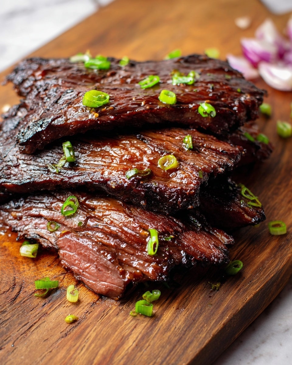 The image shows three thick layers of dark brown grilled meat with a shiny, juicy texture stacked on top of each other on a wooden board. Small pieces of bright green sliced scallions are scattered across the meat and the board, adding a fresh contrast. A few small bits of purple onion are visible in the background near the top right corner on the board. The background is a white marbled texture. photo taken with an iphone --ar 4:5 --v 7