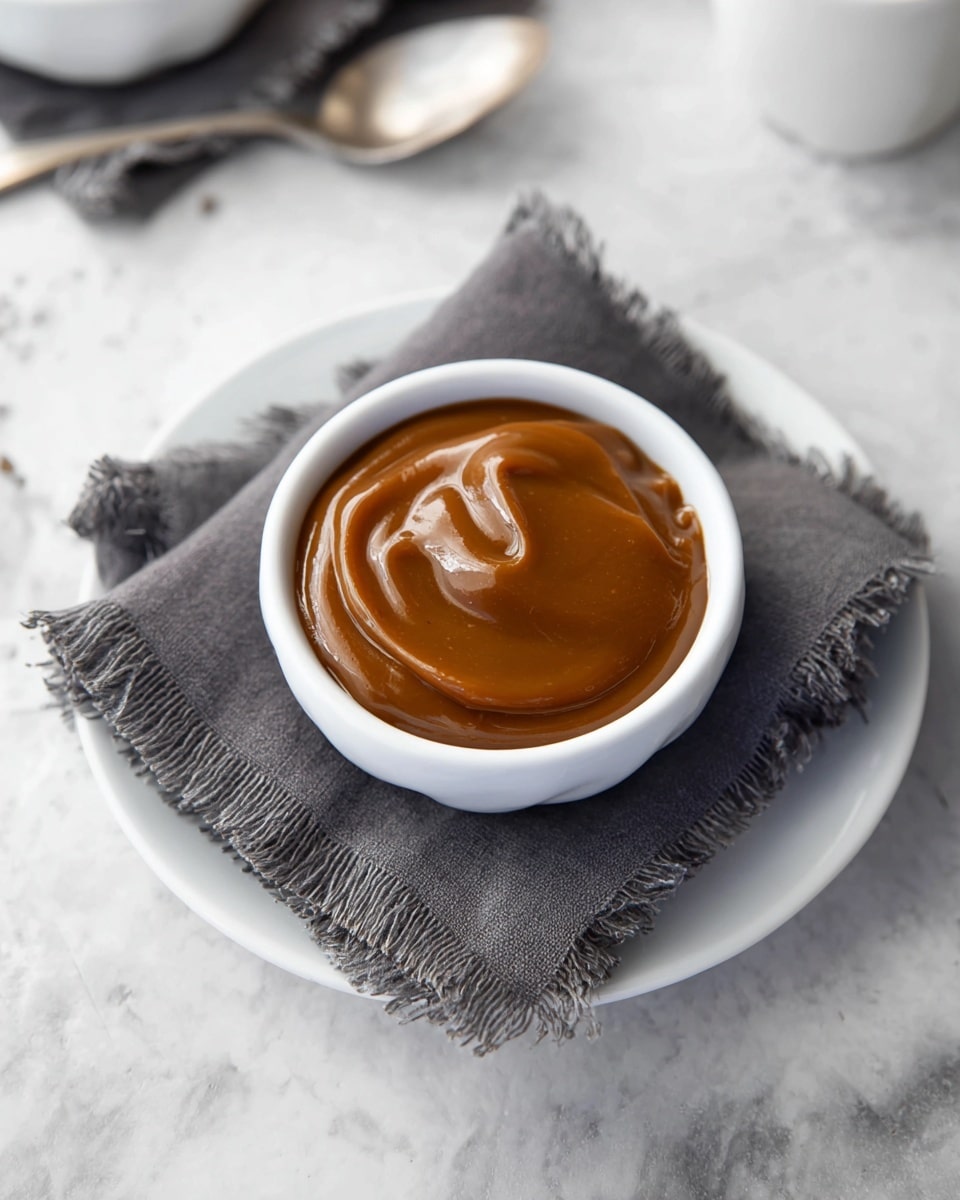 A white bowl filled with one smooth, thick layer of shiny caramel-colored sauce, placed on a dark gray napkin with frayed edges. The napkin sits on a white plate with a matte finish, all set on a white marbled texture surface. In the background, there is a small white bowl with a spoon, slightly out of focus. photo taken with an iphone --ar 4:5 --v 7