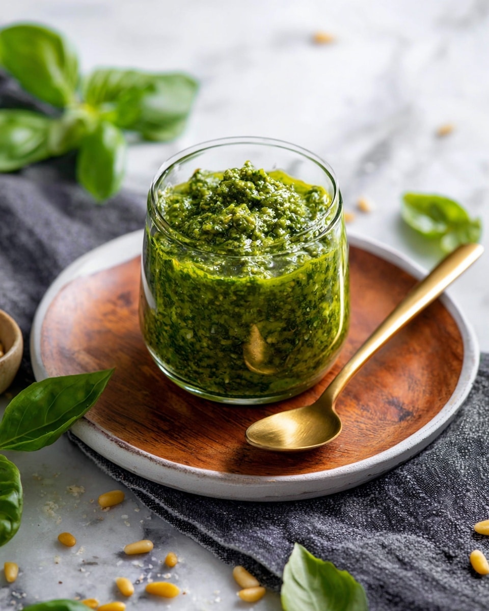 A close-up view of a small glass cup filled with a thick, chunky green sauce with small bits of nuts and herbs, and some black pepper sprinkled on top. The glass cup is placed on a round white plate with a wooden texture, with a shiny gold spoon resting next to it on the plate. The background has a white marbled texture with a few scattered nuts and basil leaves visible. The photo taken with an iphone --ar 4:5 --v 7
