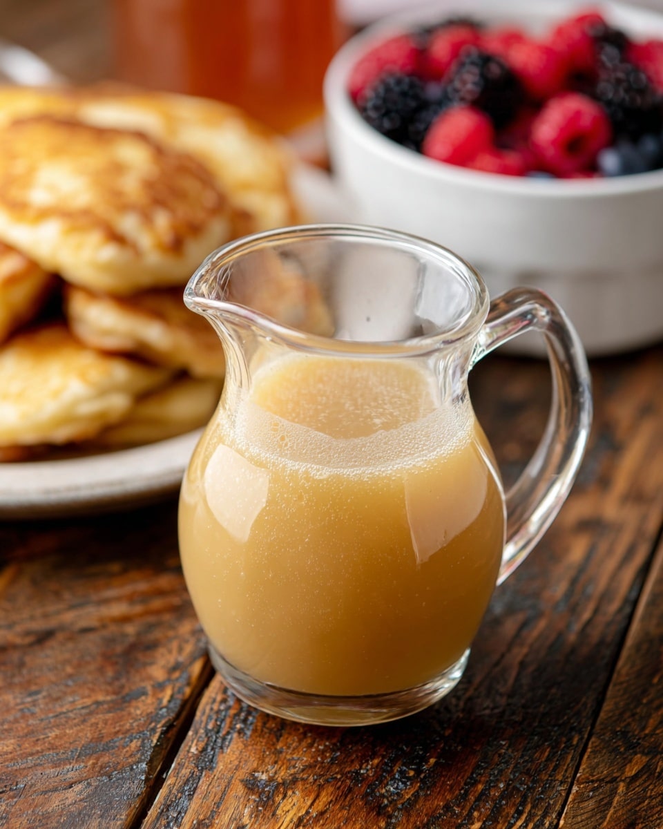 The image shows a small clear glass jug filled with light golden syrup placed in the center, with plates of golden brown pancakes around it. One white plate in the foreground holds a single pancake topped with white cream and fresh berries including red raspberries, blackberries, and a blueberry. Another white plate in the background has three stacked golden pancakes. Behind the jug, there is a white bowl filled with more fresh berries of red raspberries, blackberries, and blueberries. The setting is on a white marbled textured surface with some raspberries and blackberries scattered near the bowl. photo taken with an iphone --ar 4:5 --v 7