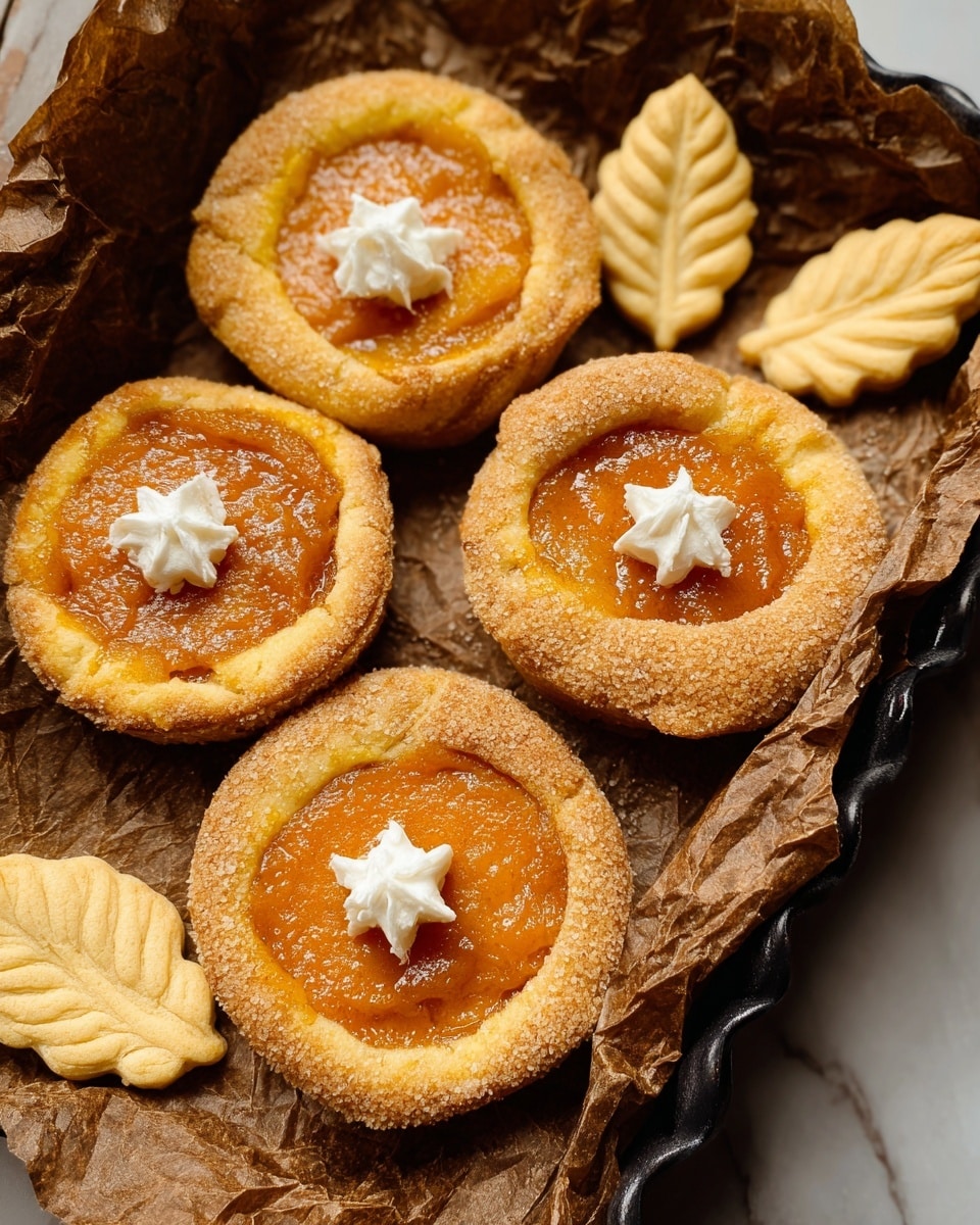 The image shows four small round pastries placed on crumpled brown paper inside a dark tray. Each pastry has a thick golden brown crust forming the outer layer with a slightly crumbly texture. The center is filled with a smooth, deep orange filling that looks soft and dense. On top of each pastry, there is a small white cream dollop shaped like a star. Around the pastries, there are several small leaf-shaped cookies in a light golden color with a textured surface. The whole scene is set on a white marbled surface. photo taken with an iphone --ar 4:5 --v 7