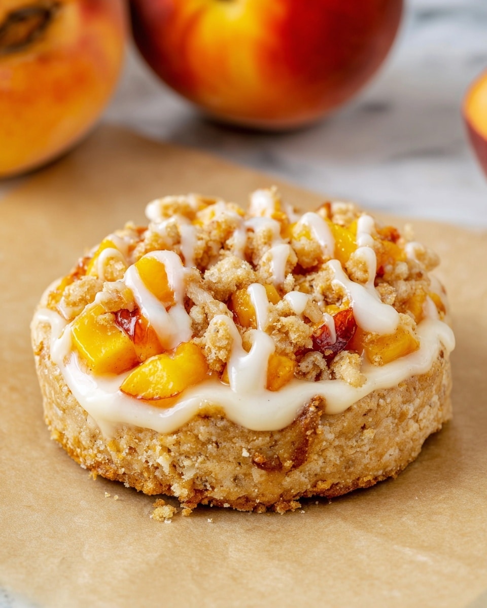 The image shows a close-up of a single round cookie with a rough, golden brown base layer. On top, there are small chunks of orange-yellow peach pieces mixed with a crumbly, light brown streusel topping. The cookie is drizzled with a white glaze in thin lines across the top, adding a shiny texture. In the background, two halves of a peach with deep red centers and bright orange skin are visible, resting on a white marbled surface. The focus is on the front cookie with the peach halves softly blurred behind it, and there is a warm, natural light giving a soft shine to the glaze and peach pieces. Photo taken with an iphone --ar 4:5 --v 7