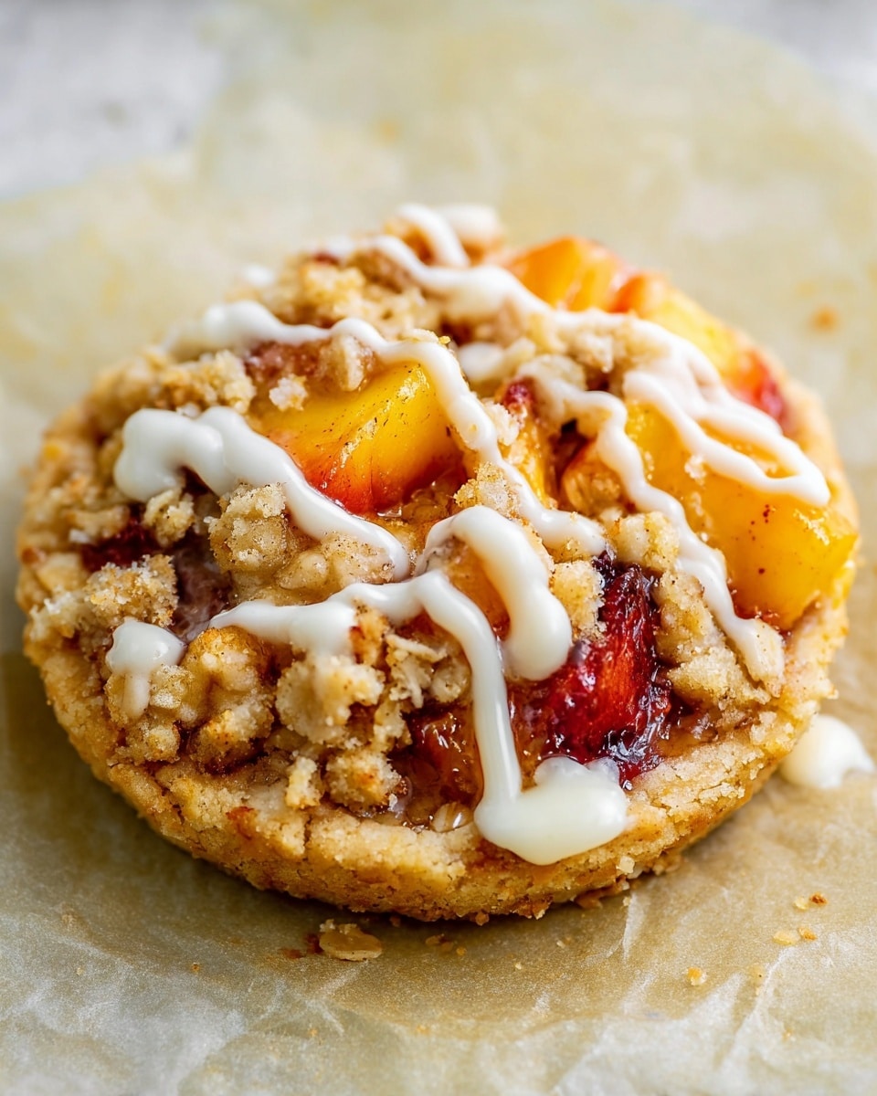 The image shows a small round tart with a golden-brown crust that looks soft and slightly crumbly. The tart is topped with chunky pieces of orange and red fruit mixed with a crumbly oat topping. White icing is drizzled across the top, adding a smooth contrast to the rough texture of the crumble and fruit. The tart rests on a light yellow parchment paper background that has been changed to a white marbled texture. The overall look is warm and inviting, with a mix of soft and crunchy textures visible photo taken with an iphone --ar 4:5 --v 7