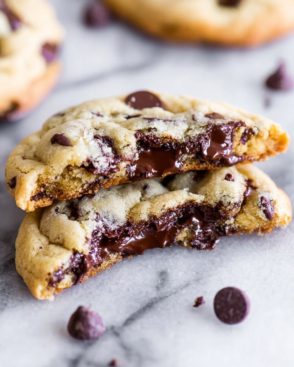 A stack of three thick chocolate chip cookies with soft, gooey dark chocolate pieces melting inside and on top, each cookie broken in half showing the rich, shiny chocolate filling inside golden-baked dough with visible chocolate chips. The cookies rest on a white marbled surface with a few loose chocolate chips around them and a blurred tall glass of milk in the background. photo taken with an iphone --ar 4:5 --v 7