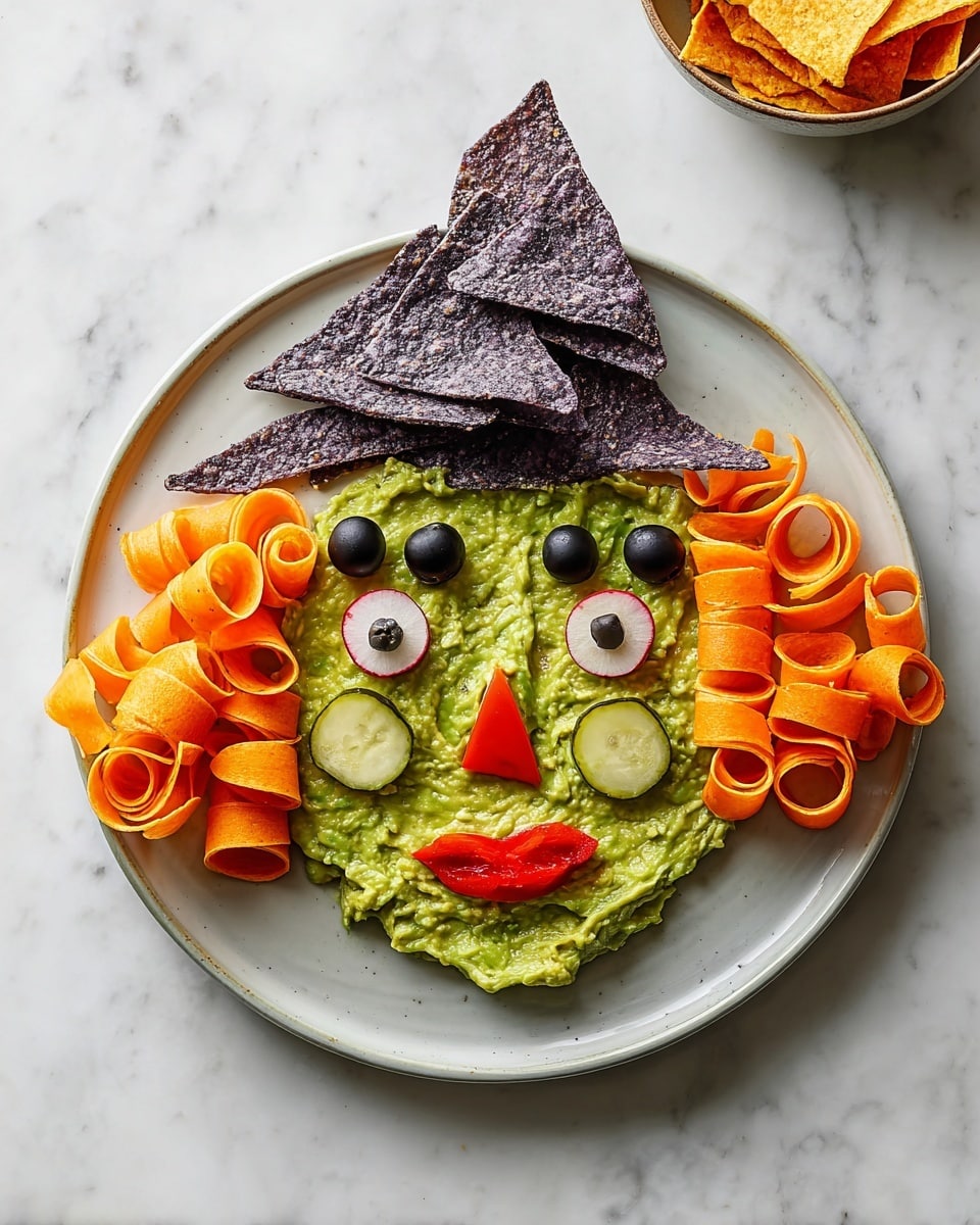 A white plate on a white marbled surface holds a fun food face. The base layer is a thick spread of green guacamole shaped like a face. On top of the guacamole are two round slices of radish with black olive halves with small red centers for eyes. A small pickle piece forms the nose, angled to the side, and two small red bell pepper chunks make the mouth, placed to show lips. Around the top side of the face are curly orange carrot spirals for hair. At the very top, a triangle hat made of layered purple corn tortilla chips sits over the hair, stacked with three visible layers. Photo taken with an iphone --ar 4:5 --v 7