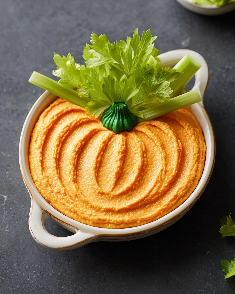 The image shows a shallow white dish shaped like a pumpkin with a smooth, creamy orange spread inside, evenly filled to the edges. The spread has small vertical grooves carved evenly to mimic pumpkin ribs. On top, in the center near the back, sits a fresh, bright green celery stalk with leafy celery greens attached, acting as the pumpkin stem. The dish is set on a dark background, and the texture of the spread is smooth with tiny specks of color throughout. Photo taken with an iphone --ar 4:5 --v 7