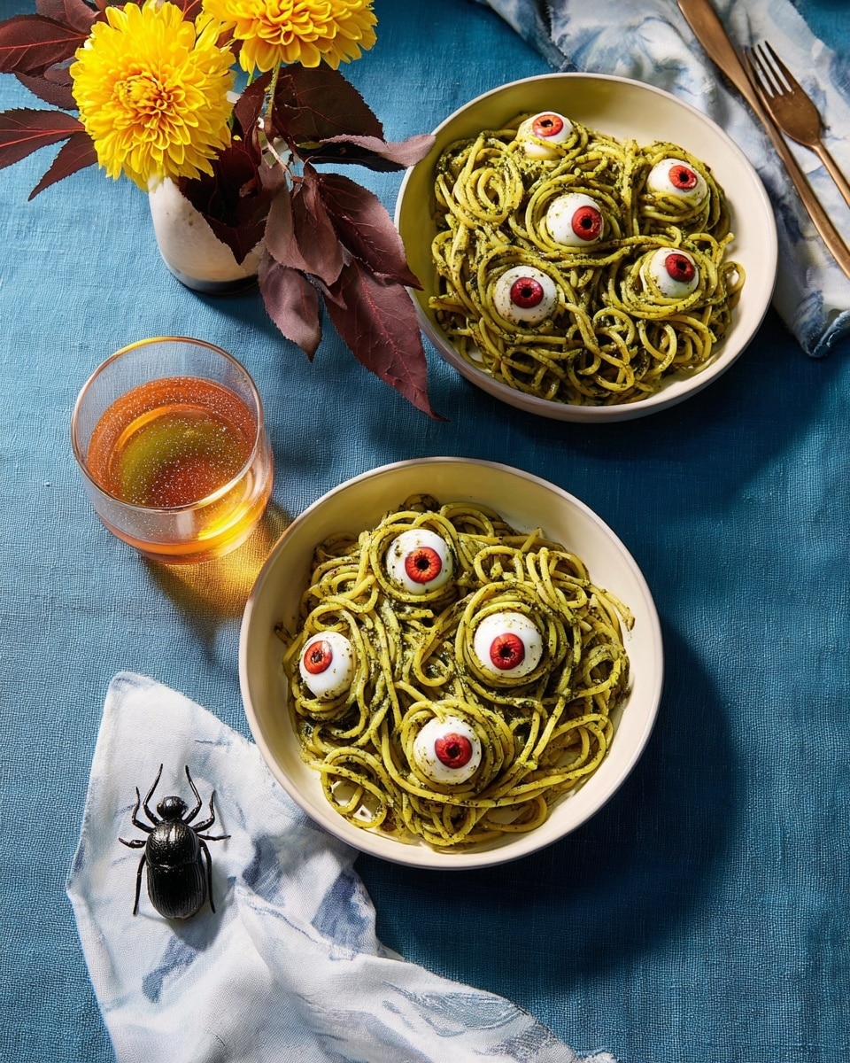 Two white bowls filled with green pesto spaghetti noodles are shown. On top of the noodles, there are five round white objects that look like eyeballs with black and red centers placed evenly. Each bowl is set on a blue fabric surface with a white marbled napkin and a fork beside it. A glass with a light amber drink is near the top left with bubbles inside. A small vase with a bright yellow flower and dark leaves is in the top center. A black decorative object resembling a beetle is near the bottom left corner. The scene has warm, natural lighting. Photo taken with an iphone --ar 4:5 --v 7