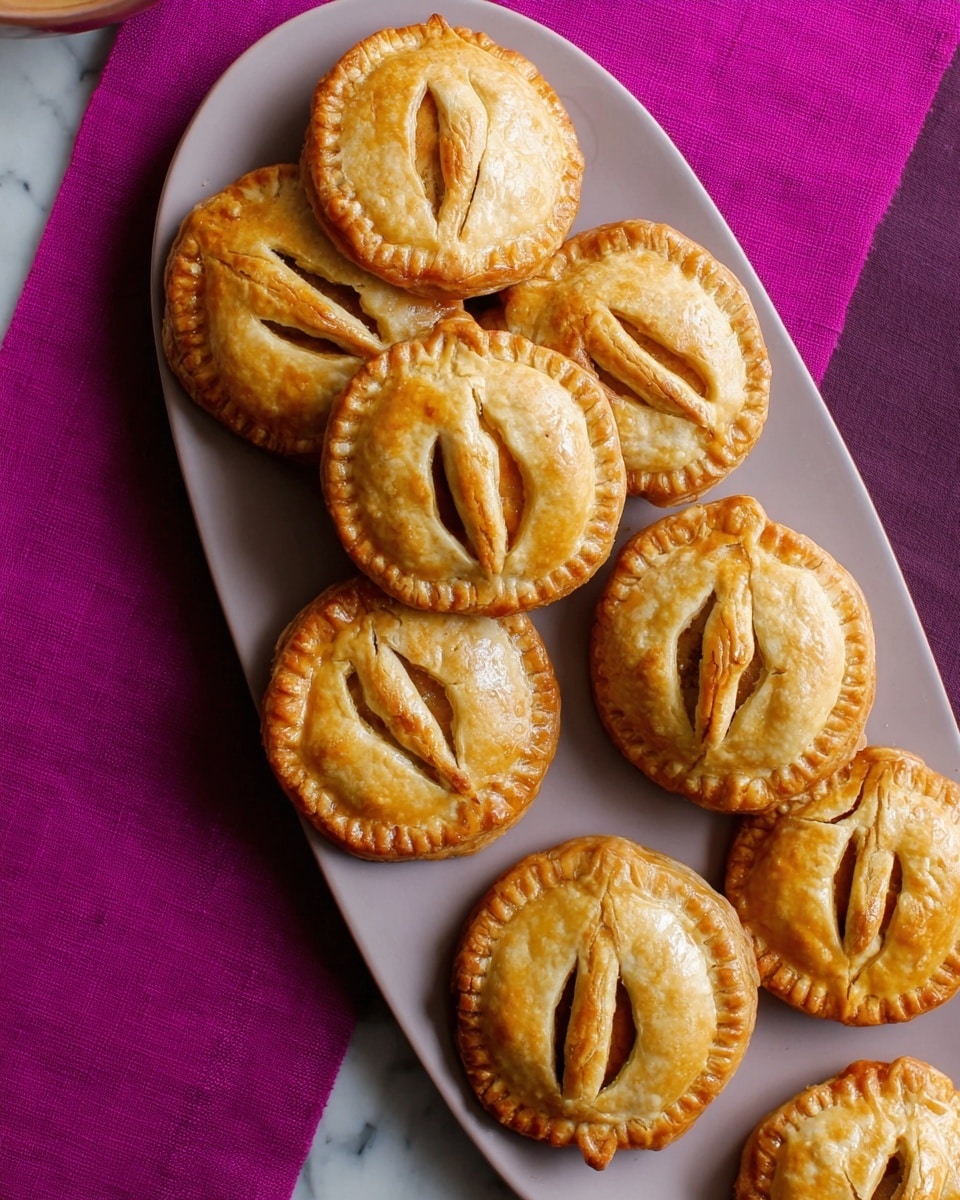 The image shows eight small pumpkin-shaped pastries arranged closely together on a white plate. Each pastry has two layers: a shiny golden-brown top layer shaped like a pumpkin with a small stem and cut lines, and a slightly darker, textured filling layer visible through the cut lines. The edges of each pastry are crimped, giving a neat, ridged texture all around. The plate sits on a white marbled surface with a bright purple cloth and a pink cloth nearby. Photo taken with an iphone --ar 4:5 --v 7