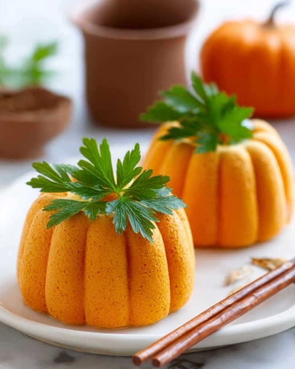 Two small, round pumpkin-shaped sweets sit side by side on a white plate, each with smooth orange outer layers that have vertical ridges resembling pumpkin skin. On top of each sweet is a small green parsley leaf, acting like a pumpkin stem. The background shows a white marbled surface with a blurred bowl of dark powder and a cinnamon stick beside the plate. The scene is bright and clear, with soft lighting highlighting the sweets. photo taken with an iphone --ar 4:5 --v 7