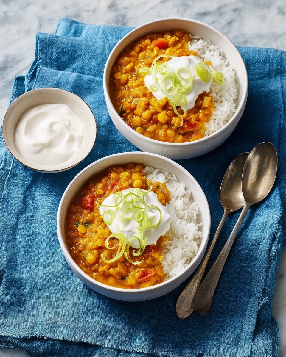 Two white bowls placed on a blue cloth show a layered dish with white rice on one side and a thick orange-red stew with yellow chickpeas and diced vegetables on the other. Each bowl is topped with a dollop of white creamy yogurt and garnished with green sliced scallions. Nearby, a small white bowl holds more creamy yogurt. Two silver spoons rest on the blue cloth beside the bowls. The background is a white marbled surface. photo taken with an iphone --ar 4:5 --v 7