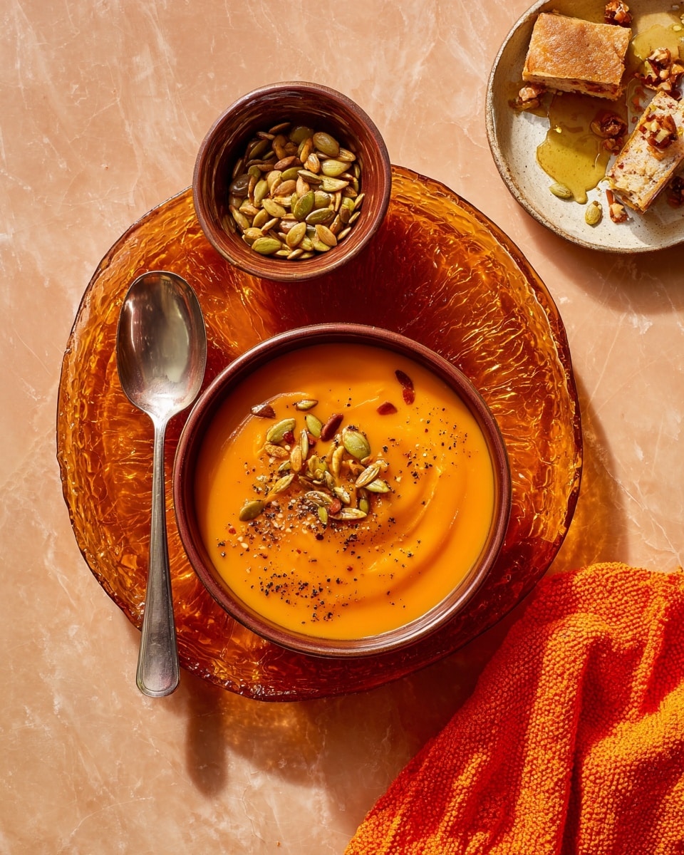 A warm bowl of smooth orange soup fills a brown ceramic bowl, garnished with toasted pumpkin seeds and a sprinkle of cracked black pepper on top. The bowl rests on a textured amber glass plate that sits on a white marbled surface. Next to it is a small brown bowl filled with more toasted pumpkin seeds. A shiny silver spoon leans against the plate and a bright orange knitted cloth is spread nearby, adding a cozy feel. In the top right corner, a partial view of a white dish with some garnished food and a gold utensil is visible. The scene is bright and inviting, with warm colors dominating the image photo taken with an iphone --ar 4:5 --v 7